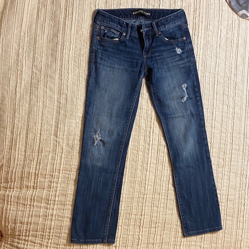 Express Women's Distressed Dark Blue Skinny Jeans